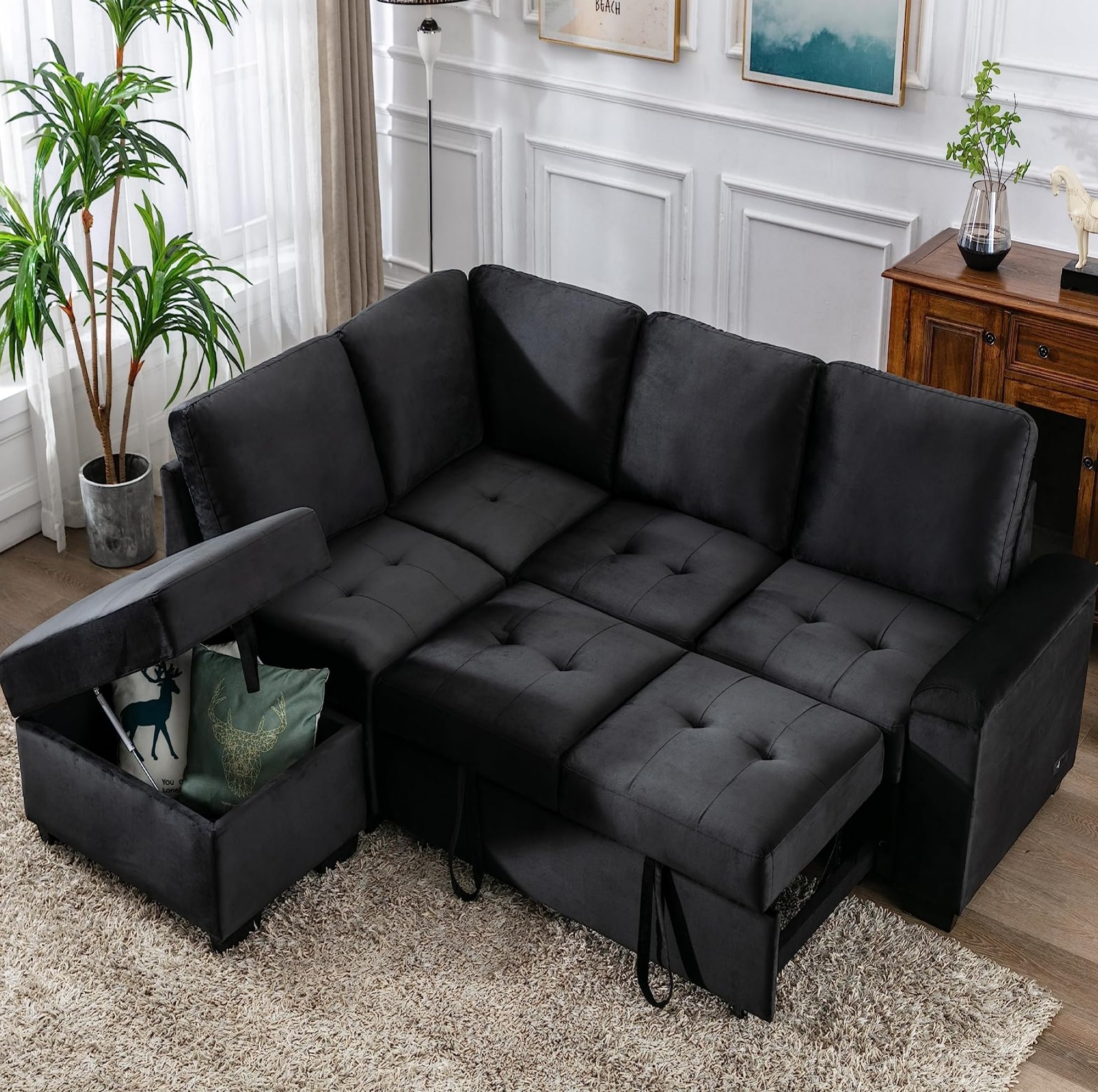 Bellemave Sectional Sleeper Sofa Pull Out Couch with Storage & USB Charging L Shaped Convertible Sofa Bed with Ottoman for Living Room Apartment, Black