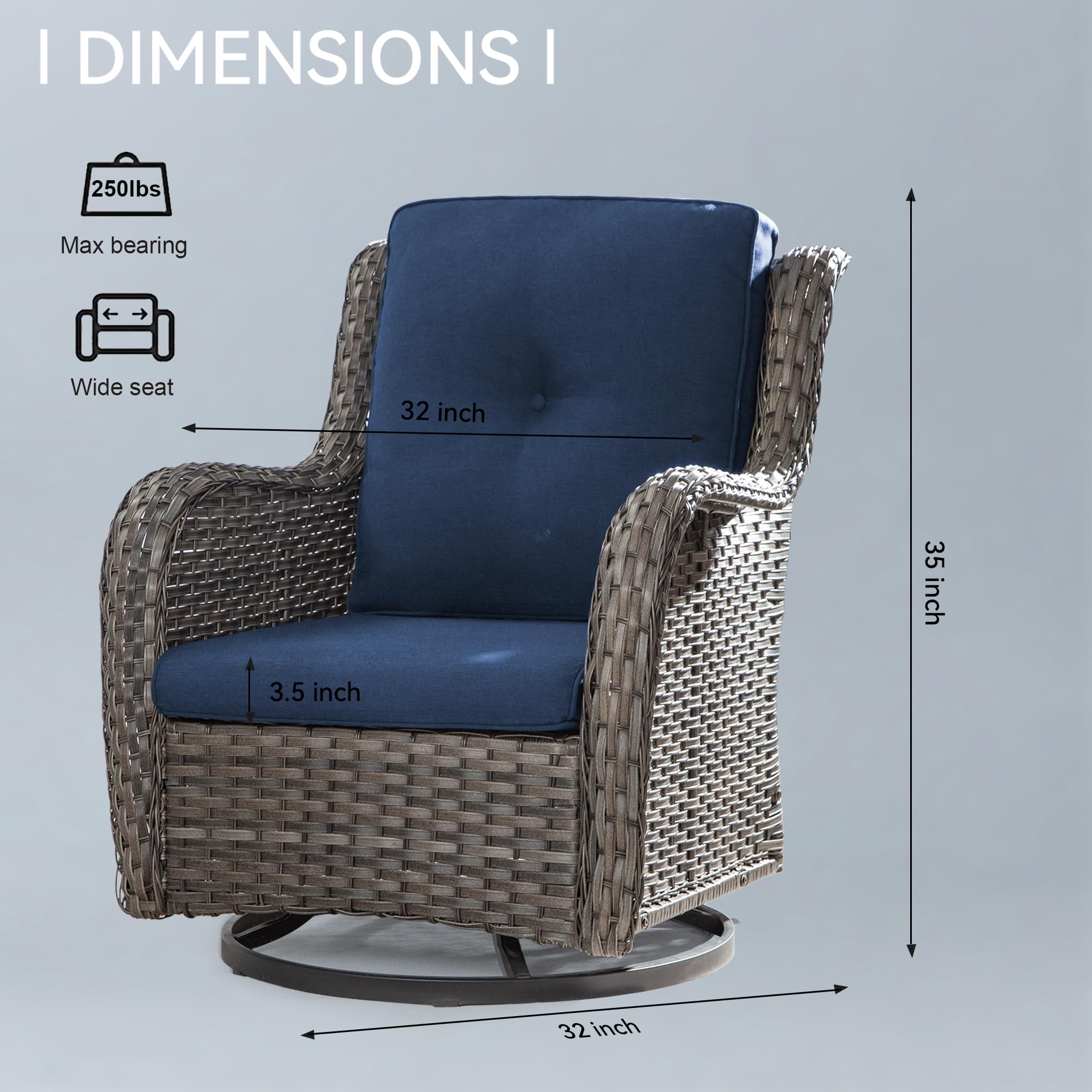 MeetLeisure Outdoor Swivel Rocker Wicker Chair, High Back Swivel Patio Chairs Wicker Furniture, 1PC Rattan Swivel Rocking Chair with OIefin Cushions(Mixed Grey/Dark Blue)