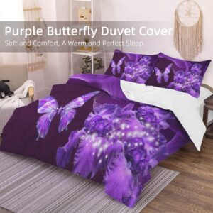 BEDROOMDECRO Purple Bedding Duvet Cover with Zipper Closure 3D Galaxy Purple Butterfly Floral Printed Bedding Soft Microfiber Comforter Cover, King (104"x90")- 3 Pieces (1 Duvet Cover +2 Pillowcases)