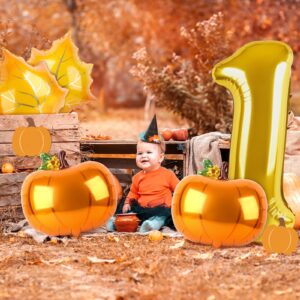 Dripykiaa 5Pcs Pumpkin First Balloon 40" Gold One Year Old Balloon Set for First Birthday Fall Birthday Decorations Maple Leaves Pumpkin Foil Helium Balloons Party Supplies Backdrops for Girls Boys