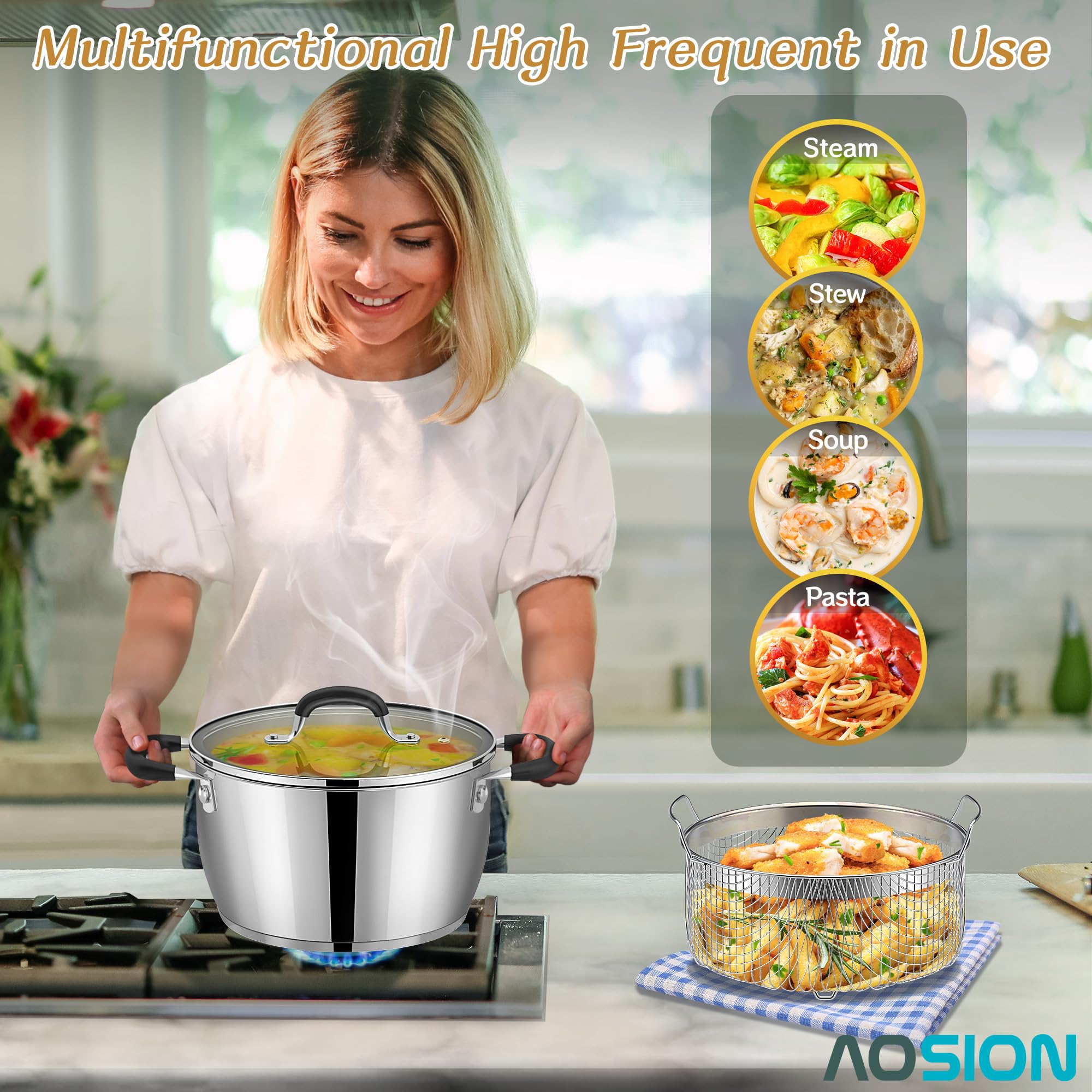 AOSION 6 Quart Stainless Steel Stockpot with Deep Fryer Basket, Stainless Steel Pot with Lid, 6QT Large Stock Pot, Induction Ready, Compatible with All Stoves, Dishwasher Safe