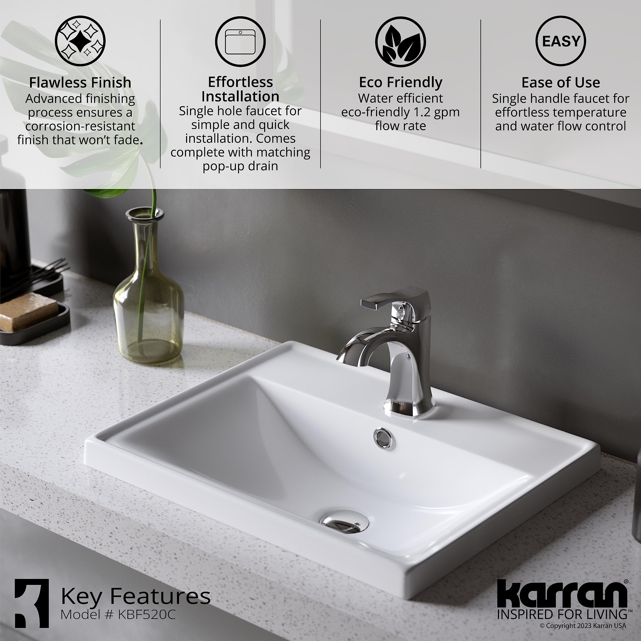 Karran Randburg KBF520 Single-Handle Single Hole Basin Bathroom Faucet with Matching Pop-up Drain in Chrome