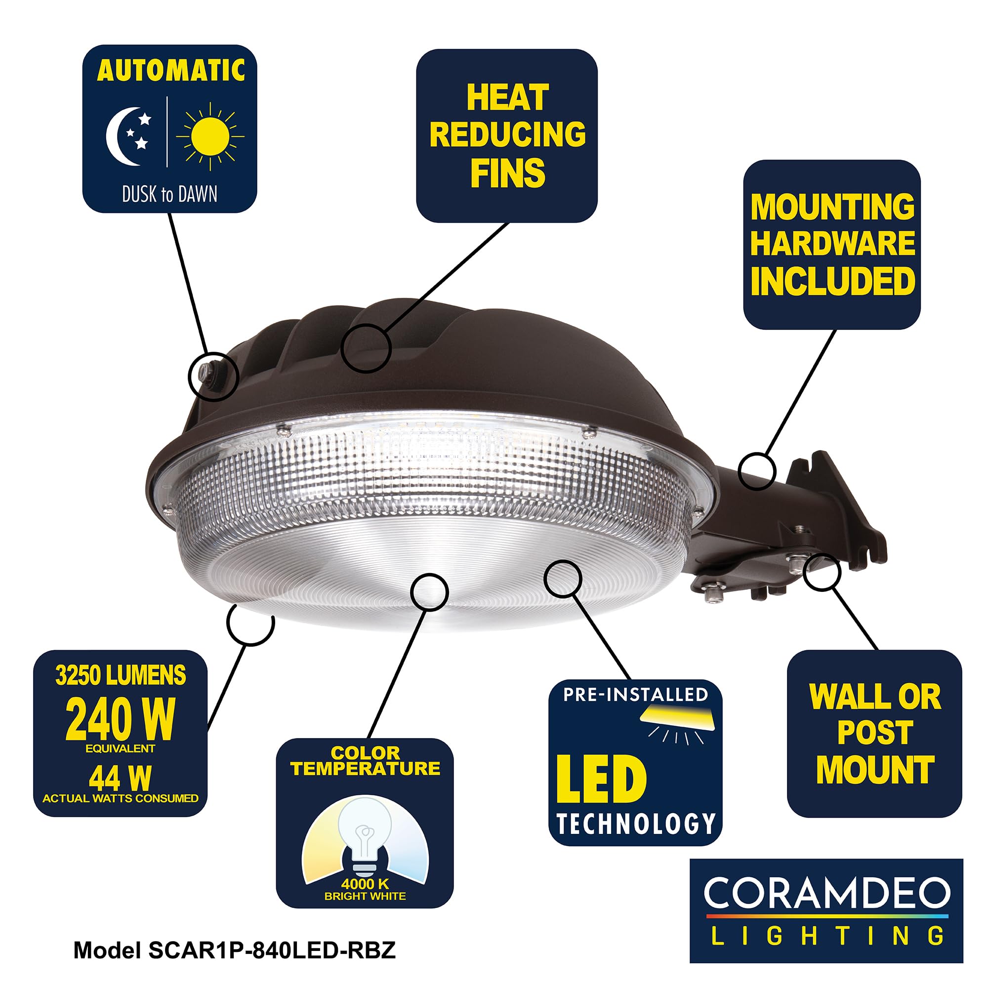 CORAMDEO Outdoor LED Barn Area Light, Dusk to Dawn Photocell, Integrated LED Gives 240W of Light from 44W of Power, Wet Location, Cast Aluminum, Rustic Bronze Finish, Clear Lens, Wall or Post Mount