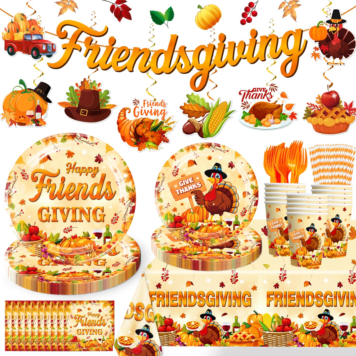 158pcs Friendsgiving Party Decorations, Friendsgiving Tableware Set, Thanksgiving Plates Party Supplies, Fall Table Decorations Give Thanks, Thanks Friends Giving Party Tableware for 20 Guests