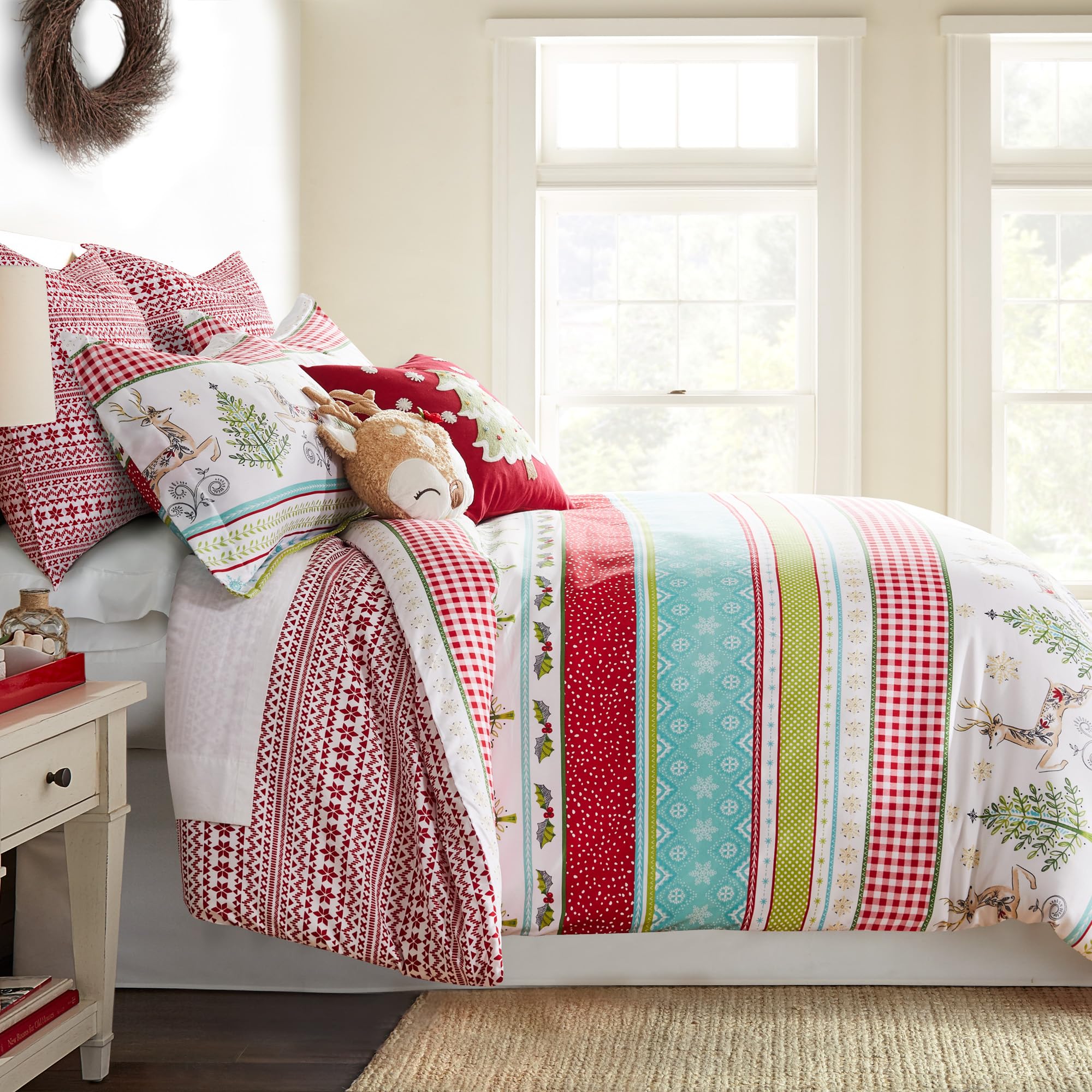 Levtex Home Merry & Bright Collection - Comet and Cupid Duvet Set - King Duvet Cover (106 x 94in.) + Two King Sham (36 x 20in.) - Holiday Deer and Christmas Trees - Red Green White Teal