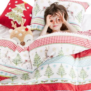 Levtex Home Merry & Bright Collection - Comet and Cupid Duvet Set - King Duvet Cover (106 x 94in.) + Two King Sham (36 x 20in.) - Holiday Deer and Christmas Trees - Red Green White Teal