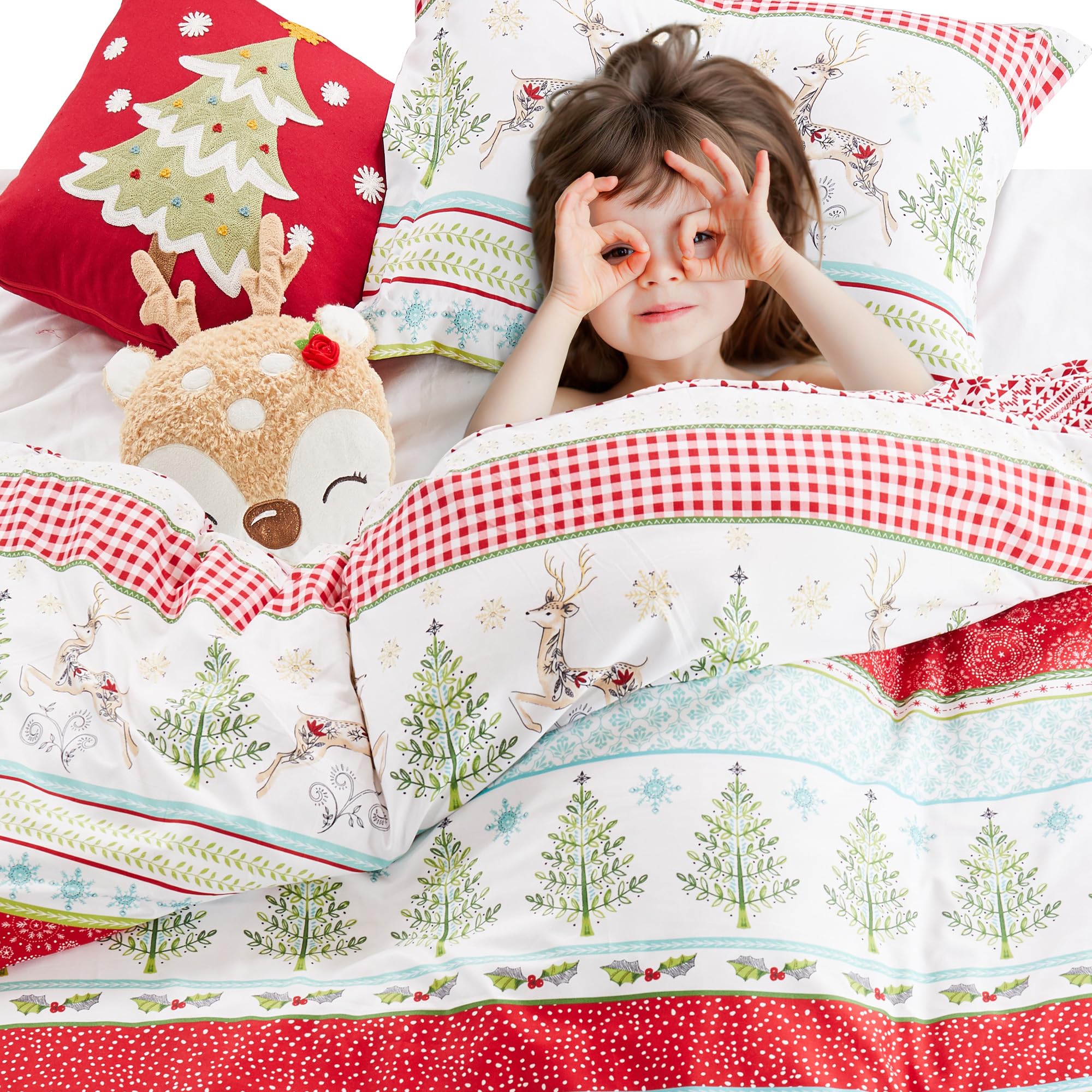 Levtex Home Merry & Bright Collection - Comet and Cupid Duvet Set - King Duvet Cover (106 x 94in.) + Two King Sham (36 x 20in.) - Holiday Deer and Christmas Trees - Red Green White Teal