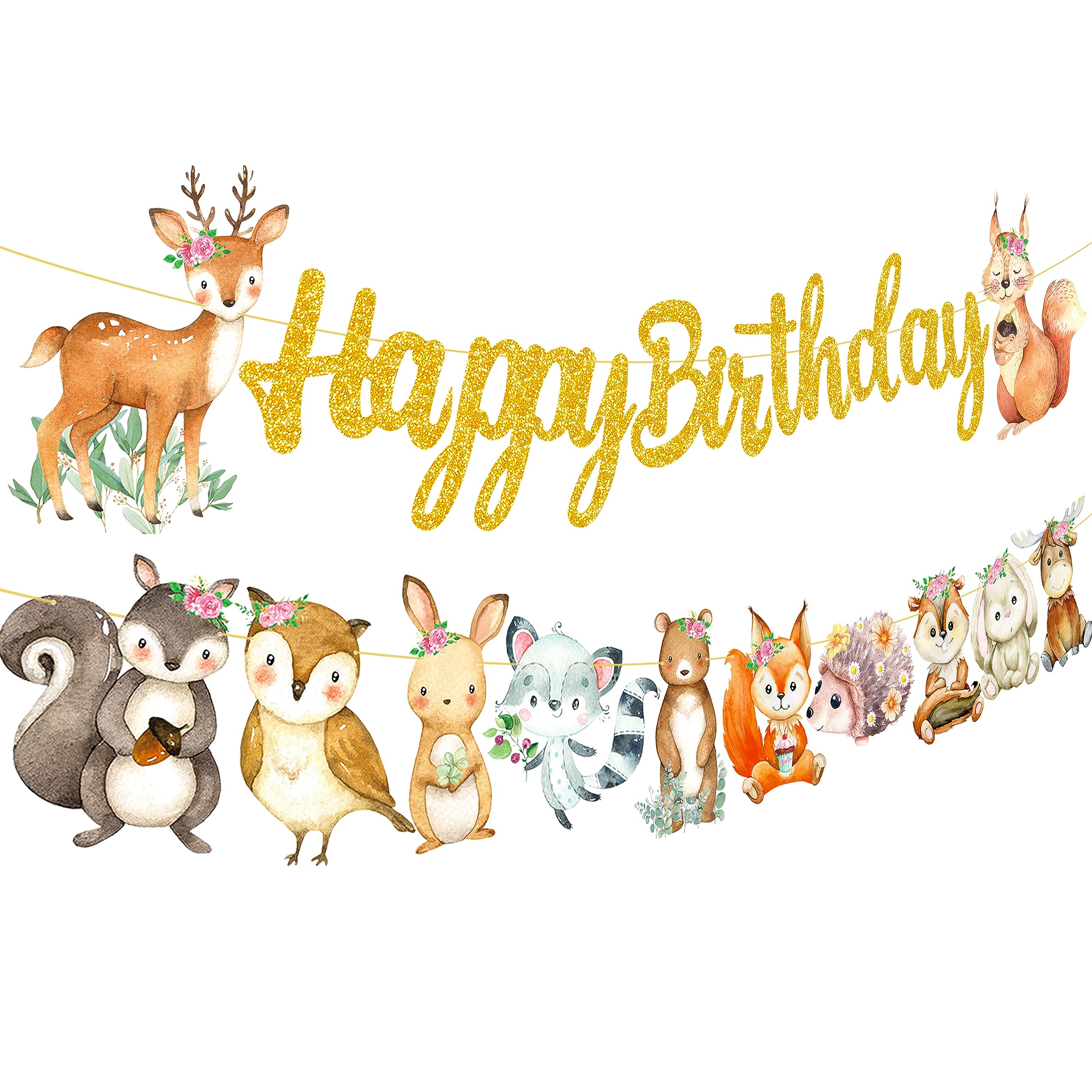 Woodland Animal Happy Birthday Banner Woodland Creatures Banner Decorations 2Pcs Forest Animals Cutout Banners for Woodland Theme Baby Shower Supplies