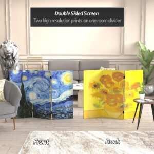 Red Lantern 3 ft. Short Double Sided Works of Van Gogh Canvas Starry Night/Sunflowers Folding Screen, 3 Foot, 3 Panel, Multicolor