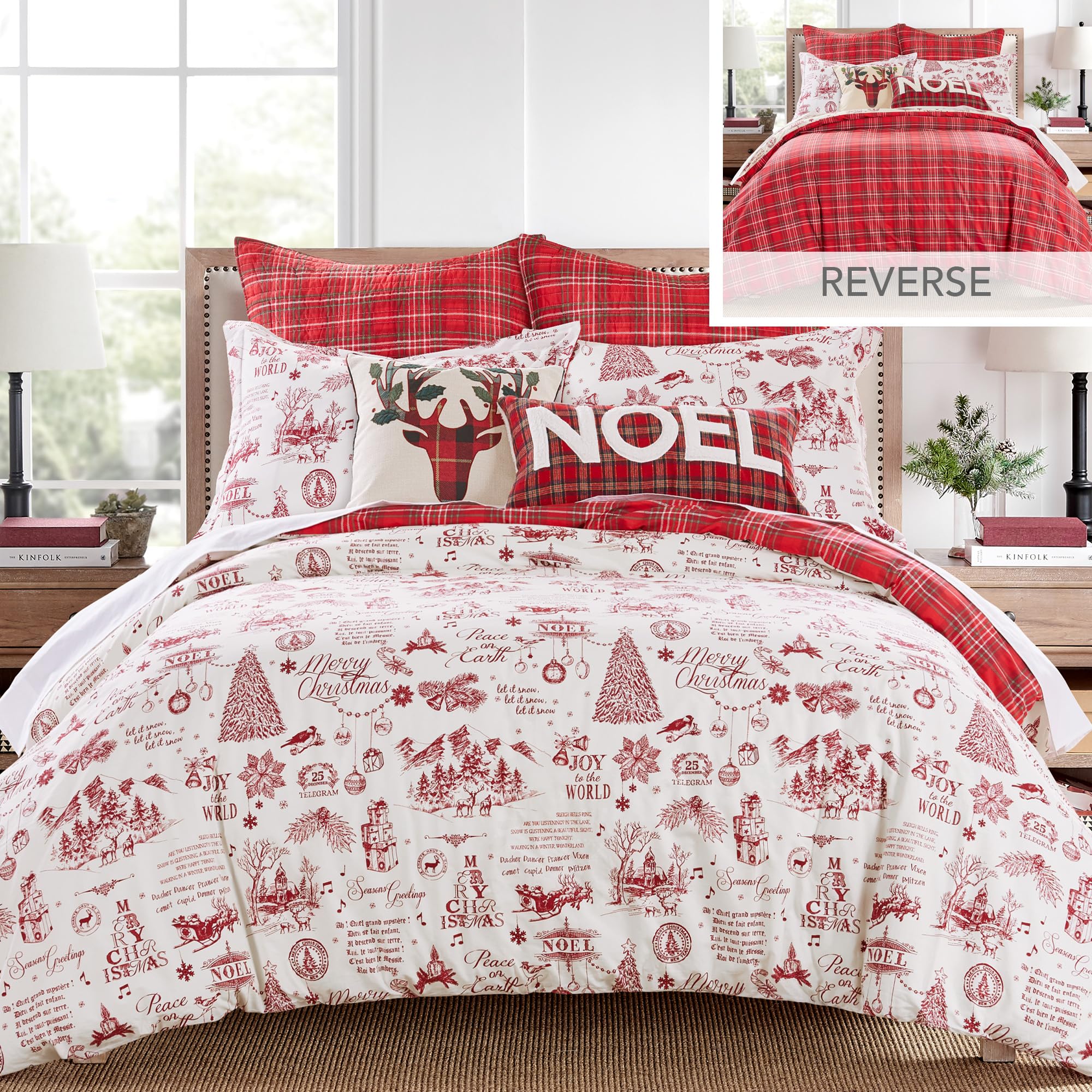 Levtex Home - Yuletide Duvet Cover Set - King Holiday Duvet Cover 106x94 and Two King Pillow Cases 20x36 - Christmas Holiday Script - Red and Cream - Cotton