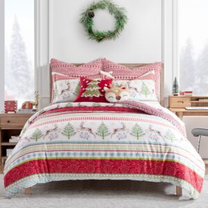 levtex home merry & bright collection - comet and cupid duvet set - king duvet cover (106 x 94in.) + two king sham (36 x 20in.) - holiday deer and christmas trees - red green white teal