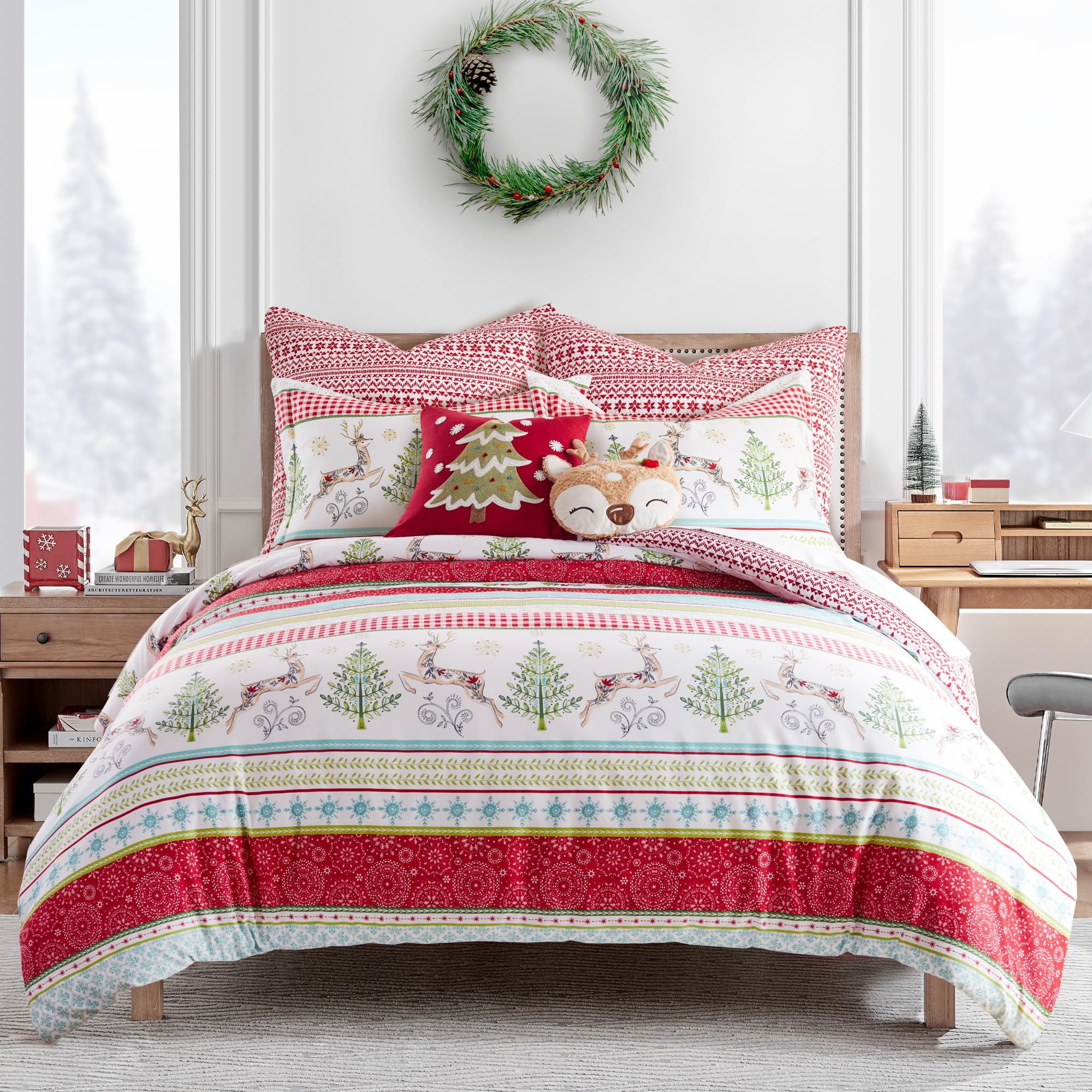 Levtex Home Merry & Bright Collection - Comet and Cupid Duvet Set - King Duvet Cover (106 x 94in.) + Two King Sham (36 x 20in.) - Holiday Deer and Christmas Trees - Red Green White Teal