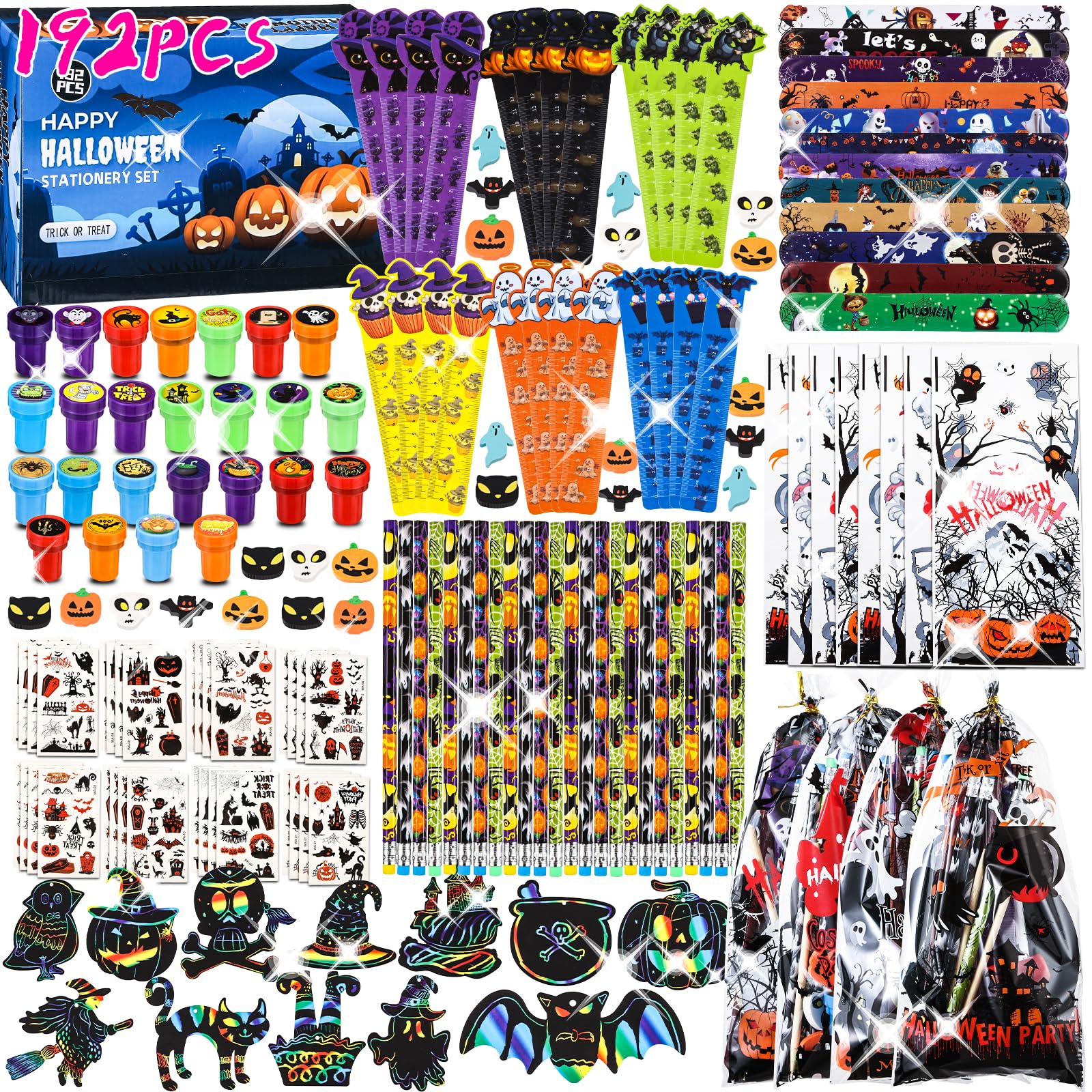 veduta 192Pcs Halloween Favors Stationery Gift Set, Trick or Treat Gifts for Kids, 24 Pack Halloween Party Favors for Kids Classroom Prizes Bulk Halloween School Supplies Goodie Bag Stuffers Fillers.