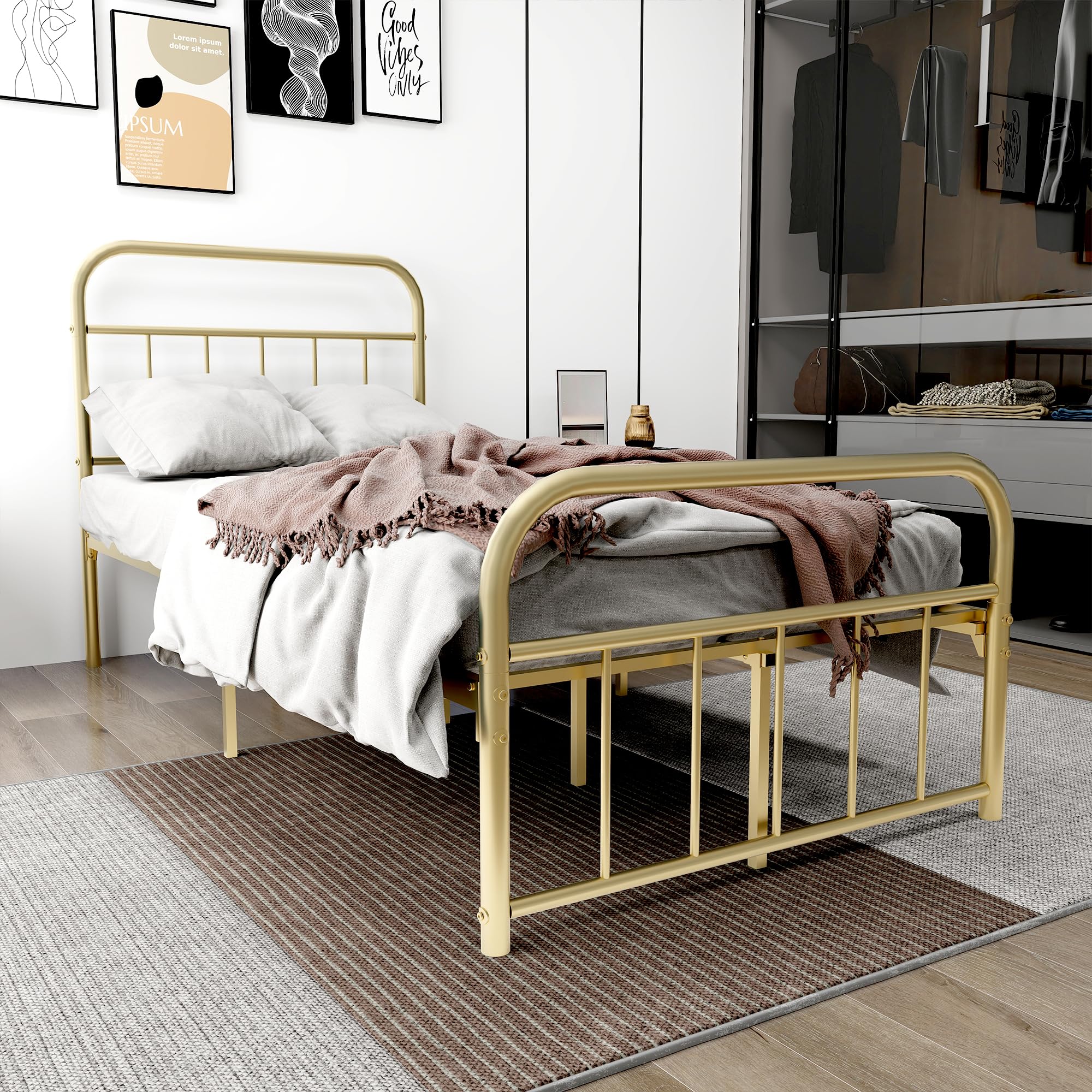 AUFANK Twin XL Metal Platform Bed Frame with Vintage Headboard Footboard Extra Strong Support No Box Spring Needed Noise Free Easy Assembly Gold