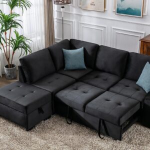 Bellemave Sectional Sleeper Sofa Pull Out Couch with Storage & USB Charging L Shaped Convertible Sofa Bed with Ottoman for Living Room Apartment, Black