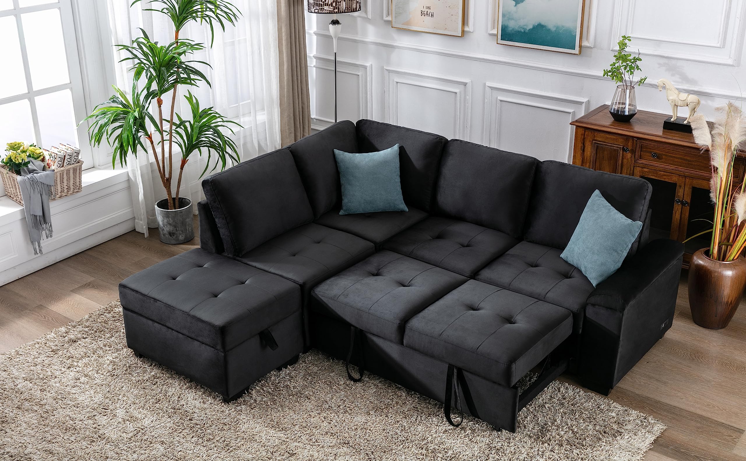 Bellemave Sectional Sleeper Sofa Pull Out Couch with Storage & USB Charging L Shaped Convertible Sofa Bed with Ottoman for Living Room Apartment, Black