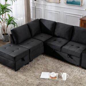 Bellemave Sectional Sleeper Sofa Pull Out Couch with Storage & USB Charging L Shaped Convertible Sofa Bed with Ottoman for Living Room Apartment, Black