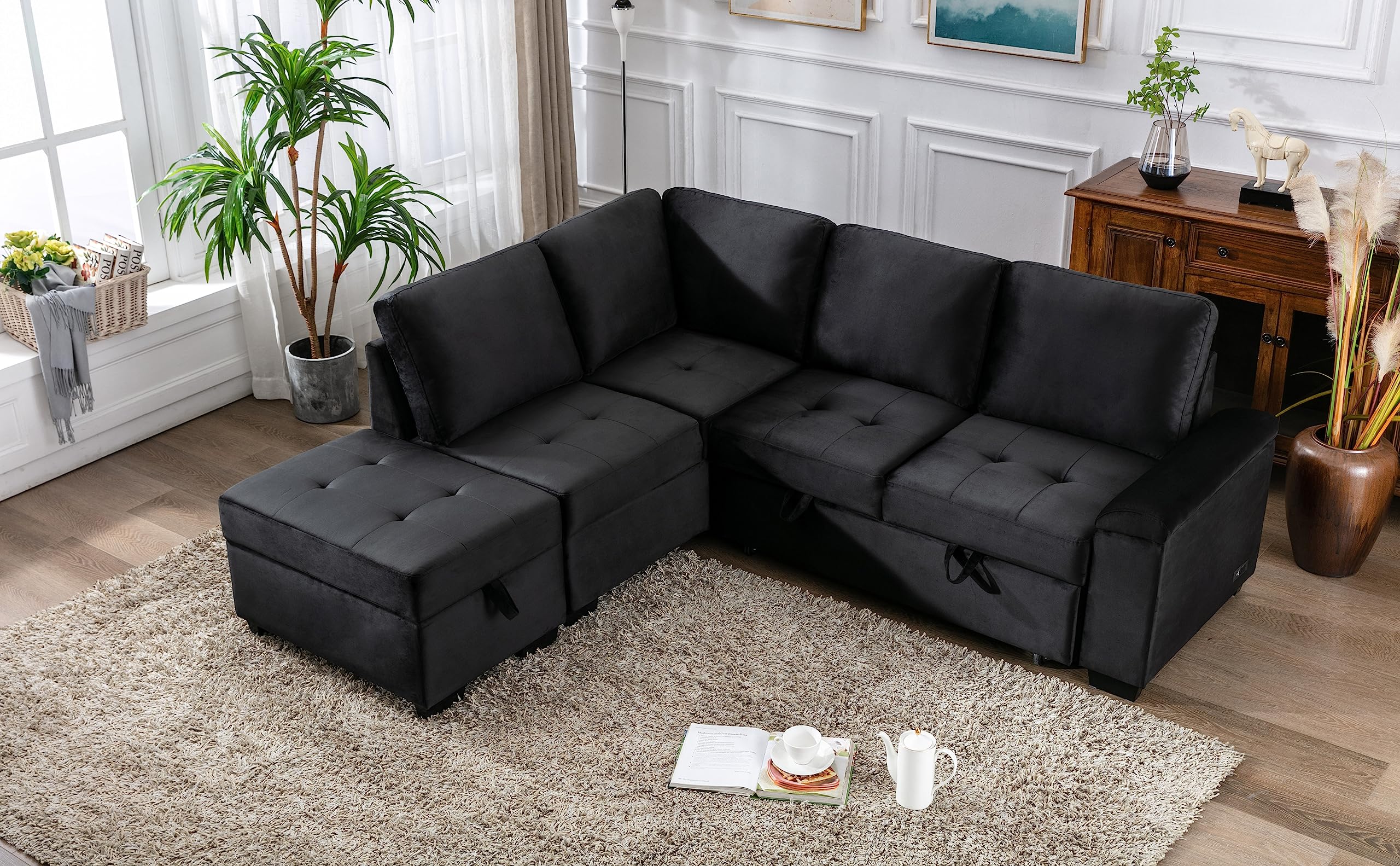 Bellemave Sectional Sleeper Sofa Pull Out Couch with Storage & USB Charging L Shaped Convertible Sofa Bed with Ottoman for Living Room Apartment, Black