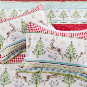 Levtex Home Merry & Bright Collection - Comet and Cupid Duvet Set - King Duvet Cover (106 x 94in.) + Two King Sham (36 x 20in.) - Holiday Deer and Christmas Trees - Red Green White Teal