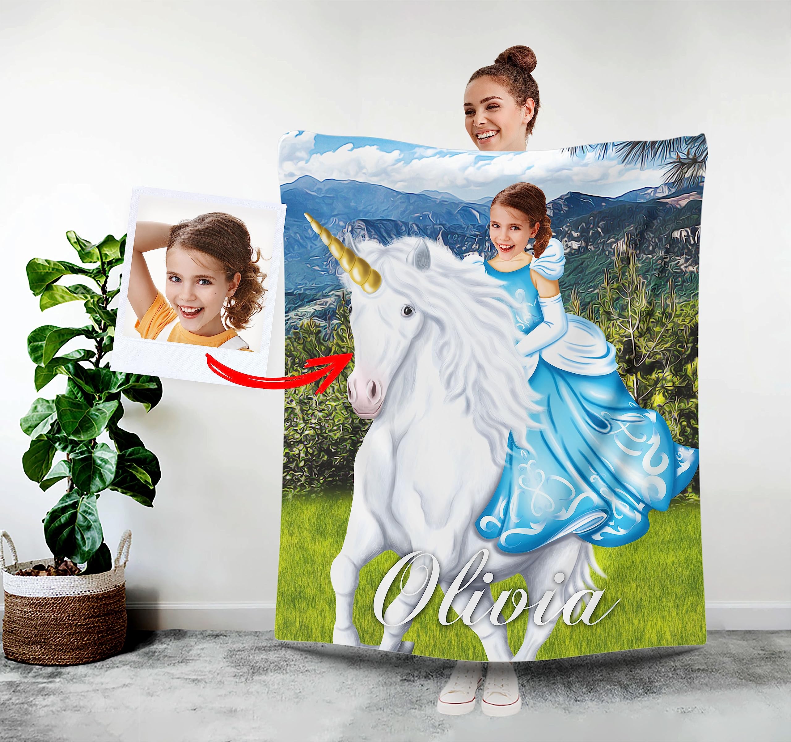 Custom Princess Blanket, Girls Personalized Photo Blanket, Add Your Face Blankets, Princess and Unicorn Custom Gift for Her, Kids Minky Throw Blanket 30x40 Custom Photo Gifts for Girls Women L78