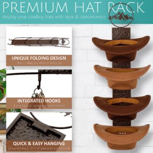 Izzy & Olives Rustic Metal Cowboy Hat Rack for 4 hats | Western Hat Rack for Cowboy Hats | Fold-Up Cowboy Hat Holder and Cowboy Hat Rack for Wall | Cowboy Hat Hanger with Hat Display Wall Mount