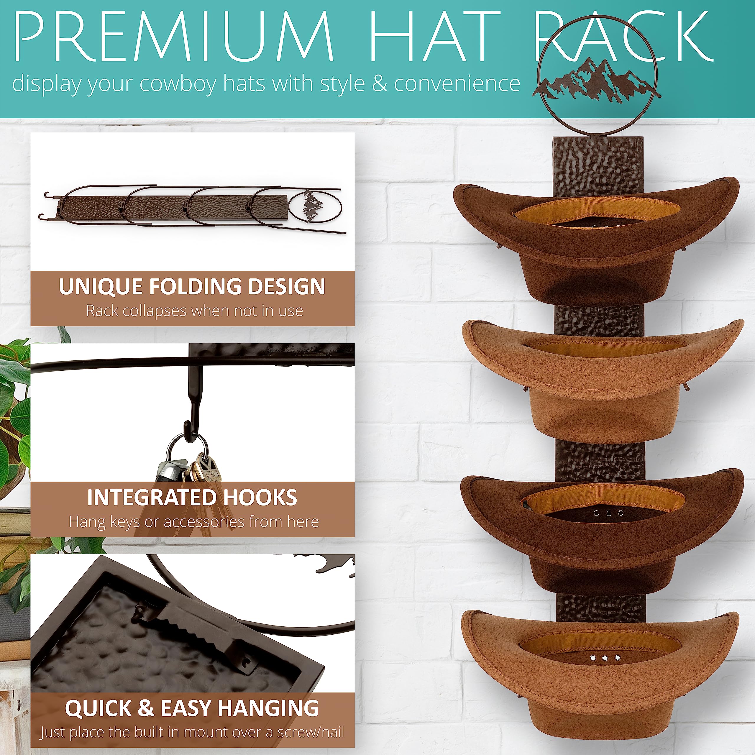 Izzy & Olives Rustic Metal Cowboy Hat Rack for 4 hats | Western Hat Rack for Cowboy Hats | Fold-Up Cowboy Hat Holder and Cowboy Hat Rack for Wall | Cowboy Hat Hanger with Hat Display Wall Mount