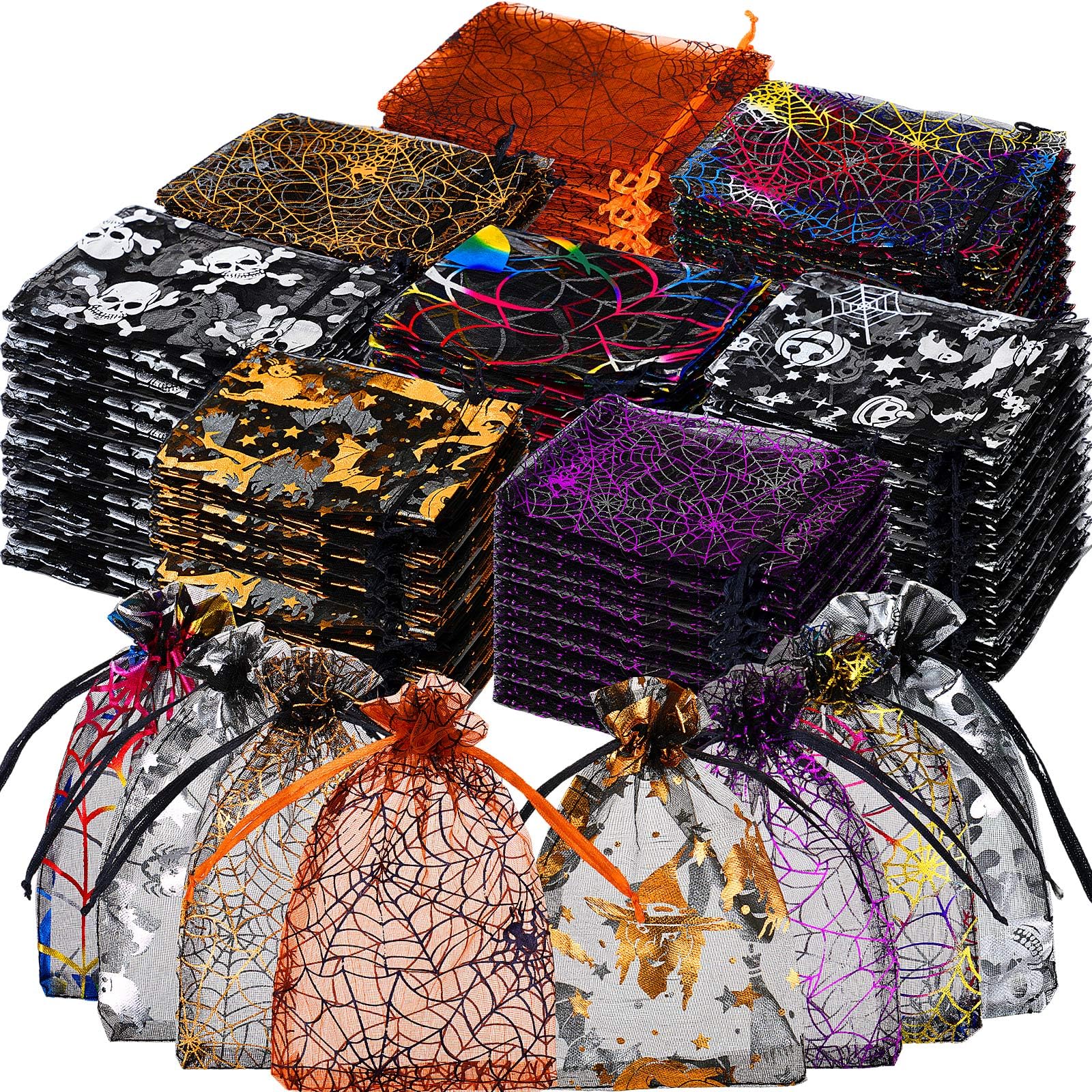 Fulmoon 400 Pcs Halloween Organza Bags 4 x 6 Inches Spider Web Print Halloween Drawstring Treat Bags Small Gift Bags for Halloween Trick or Treat Party Favor Gift Candy Snacks Jewelry