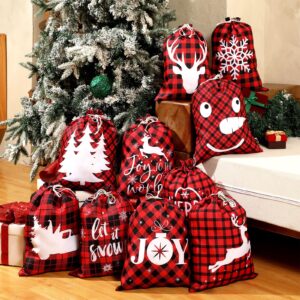 Windyun 16 Pcs Christmas Drawstring Bags Bulk Large Xmas Buffalo Plaid Drawstring Cloth Gift Bags 12 x 16 Inch Gift Wrapping Bags Drawstring Storage Sack Bags for Party Favor