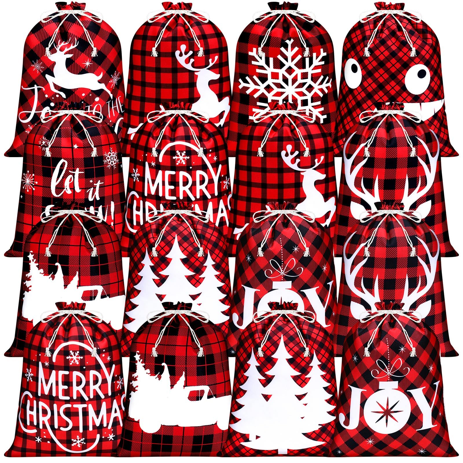 Windyun 16 Pcs Christmas Drawstring Bags Bulk Large Xmas Buffalo Plaid Drawstring Cloth Gift Bags 12 x 16 Inch Gift Wrapping Bags Drawstring Storage Sack Bags for Party Favor