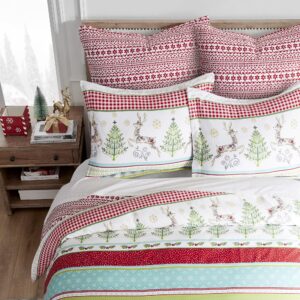 Levtex Home Merry & Bright Collection - Comet and Cupid Duvet Set - King Duvet Cover (106 x 94in.) + Two King Sham (36 x 20in.) - Holiday Deer and Christmas Trees - Red Green White Teal