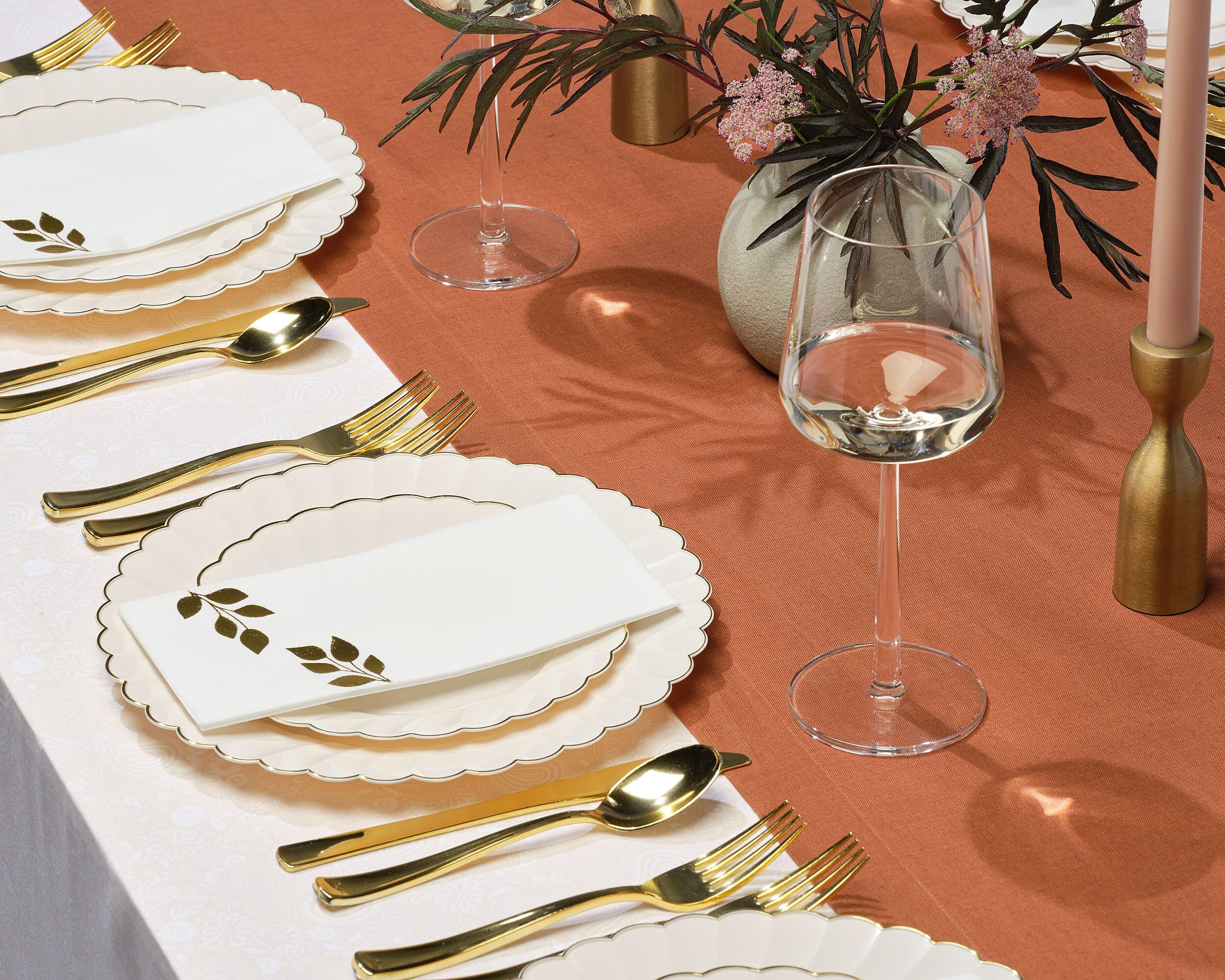 By Madee HEAVYWEIGHT 175 Pc Thanksgiving Plates and Napkins Sets | Ivory Scalloped Plates with Gold Trim | Fall Plastic Plates, Cutlery, Gold Leaf Napkins | High End Disposable Plates (25 Guests)