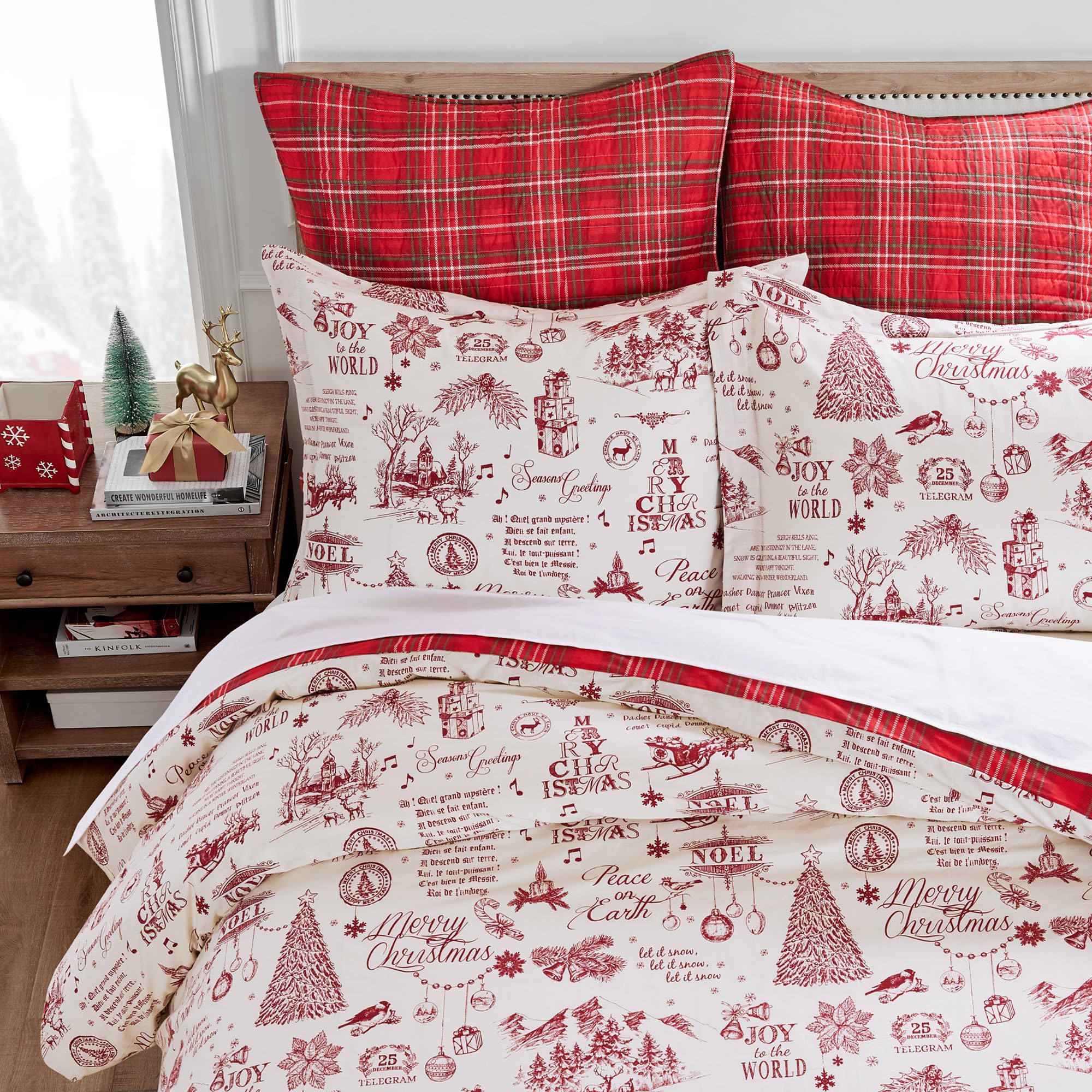 Levtex Home - Yuletide Duvet Cover Set - King Holiday Duvet Cover 106x94 and Two King Pillow Cases 20x36 - Christmas Holiday Script - Red and Cream - Cotton