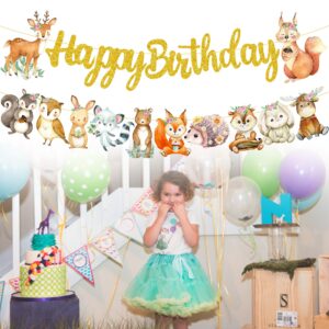 Woodland Animal Happy Birthday Banner Woodland Creatures Banner Decorations 2Pcs Forest Animals Cutout Banners for Woodland Theme Baby Shower Supplies