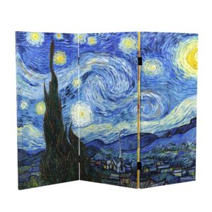 red lantern 3 ft. short double sided works of van gogh canvas starry night/sunflowers folding screen, 3 foot, 3 panel, multicolor