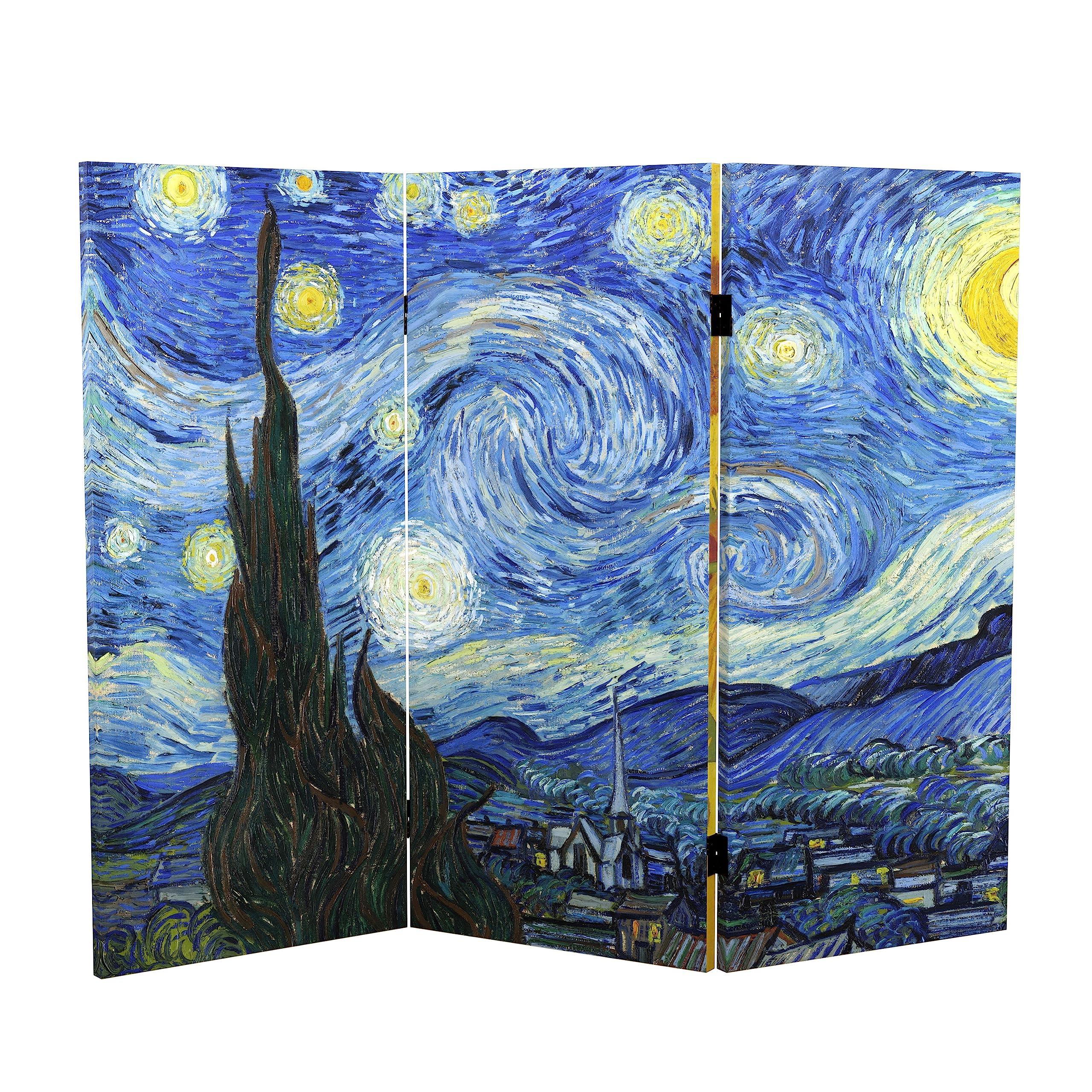 Red Lantern 3 ft. Short Double Sided Works of Van Gogh Canvas Starry Night/Sunflowers Folding Screen, 3 Foot, 3 Panel, Multicolor