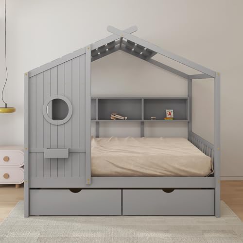 DEINPPA Full House Bed for Kids, Wooden Kids Bed with Storage Drawers and Bookshelf, Built in Window Box Design, Cute Bed for Kids Toddler Boys Girls-Grey