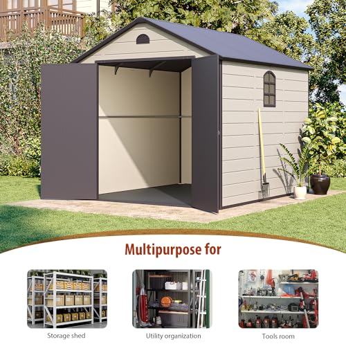 Oakville Furniture Storage shed 8x9.2 ft, Resin Garden Storage, Patio Storage Sheds Outdoor with Floor Waterproof, Outdoor Sheds Garden Tools Bike Shed, Garden Sheds & Outdoor Storage, Brown