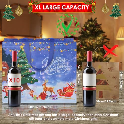 AhfuLife 6PCS Extra Large Christmas Gift Bags, 15.7'' x 14.2''x 5.9'', Christmas Tote Bags with Handles, Reusable Christmas Shopping Bags for New Year, Xmas's Party Supplies Decorations