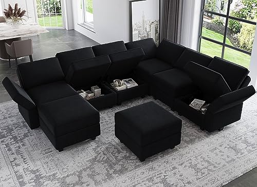 Belffin Modular Sectional Sofa with Storage Seat Oversized U Shaped Couch with Reversible Chaise Sofa Set with Ottoman Velvet Black