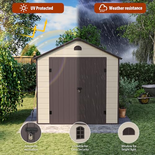 Oakville Furniture Storage shed 8x9.2 ft, Resin Garden Storage, Patio Storage Sheds Outdoor with Floor Waterproof, Outdoor Sheds Garden Tools Bike Shed, Garden Sheds & Outdoor Storage, Brown