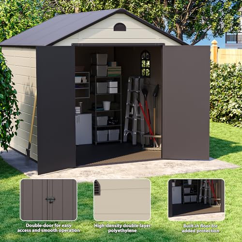 Oakville Furniture Storage shed 8x9.2 ft, Resin Garden Storage, Patio Storage Sheds Outdoor with Floor Waterproof, Outdoor Sheds Garden Tools Bike Shed, Garden Sheds & Outdoor Storage, Brown