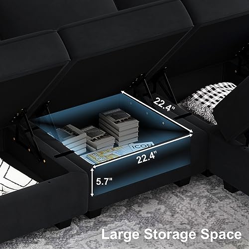 Belffin Modular Sectional Sofa with Storage Seat Oversized U Shaped Couch with Reversible Chaise Sofa Set with Ottoman Velvet Black