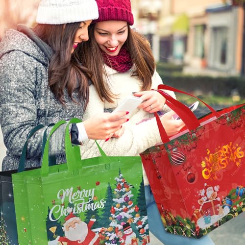 AhfuLife 6PCS Extra Large Christmas Gift Bags, 15.7'' x 14.2''x 5.9'', Christmas Tote Bags with Handles, Reusable Christmas Shopping Bags for New Year, Xmas's Party Supplies Decorations