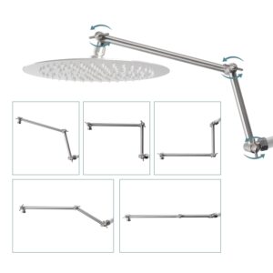 ifealclear adjustable shower head extension arm, 16" brass shower head extender lower raise rain & fixed showerhead to your height/angle, g1/2 shower arm extension with lock joint, brushed nickel