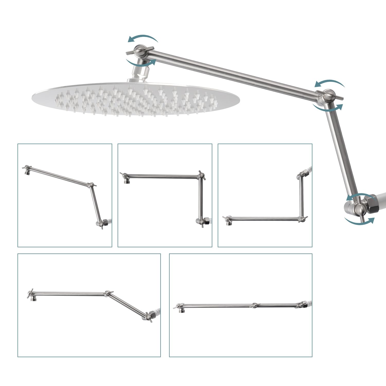 iFealClear Adjustable Shower Head Extension Arm, 16" Brass Shower Head Extender Lower Raise Rain & Fixed Showerhead to Your Height/Angle, G1/2 Shower Arm Extension with Lock Joint, Brushed Nickel