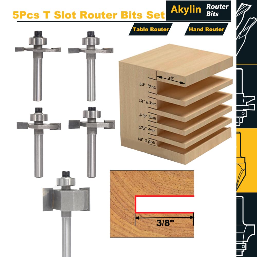 Akylin 5Pcs T Slot Router Bit Set,1/4" Shank,Cutting Height 1/8",5/32",3/16",1/4" and 5/8",3/8" Deep T Trark Bit with Bearing,T-Slotting Cutter for Plywood Slotting,Grooving,Rebating