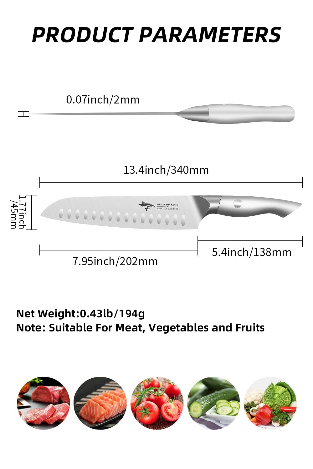 MAD SHARK Premium Santoku Knife 8 Inch, High-end Professional Best Sharp Kitchen Knife, German Stainless Steel, japanese Chef Knife, sushi knife, chef's knives, Cutting Knives - Silver