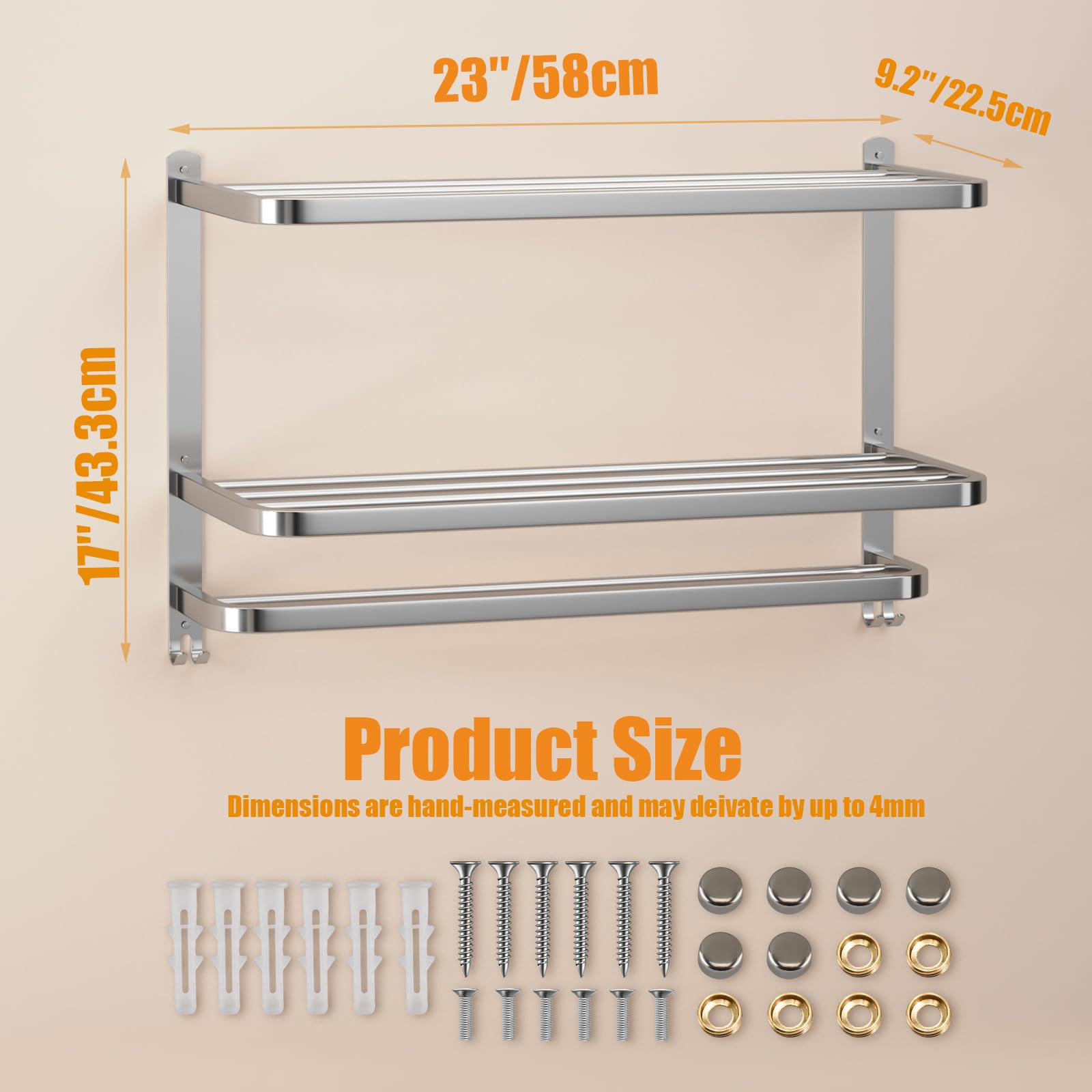 DDS-DUDES 3-Tier Towel Racks for Bathroom with Towel Bars Multilayer Hotel Towel Shelf Stainless Steel Wall-Mounted Brushed Finish Holder with Towel Shelves 23 Inches