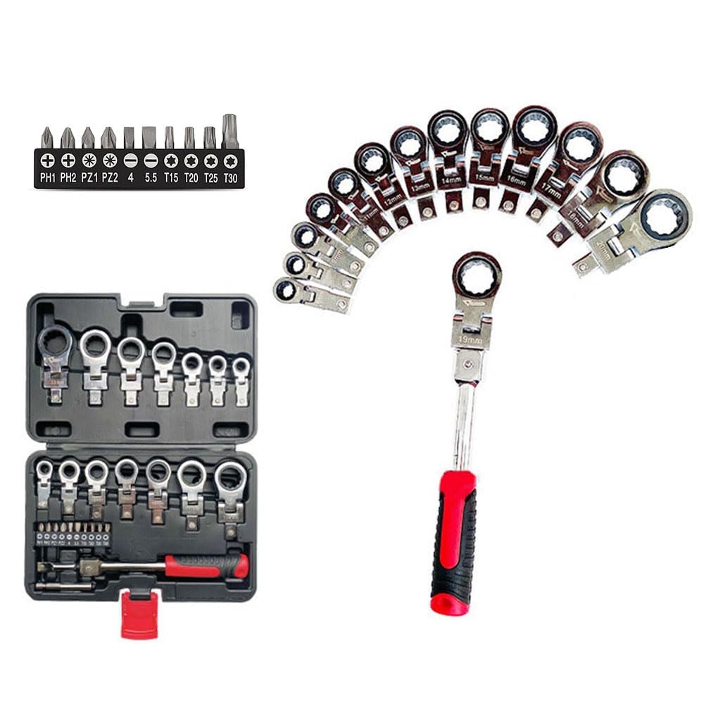 LSLANSOON 27 Pcs Flex Head Ratchet Wrench Set, 6mm-20mm Changeable Torx Ratchet Wrench Heads with Screwdriver Bits Multi Tool Set with Case