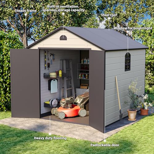 Oakville Furniture Storage shed 8x9.2 ft, Resin Garden Storage, Patio Storage Sheds Outdoor with Floor Waterproof, Outdoor Sheds Garden Tools Bike Shed, Garden Sheds & Outdoor Storage, Brown